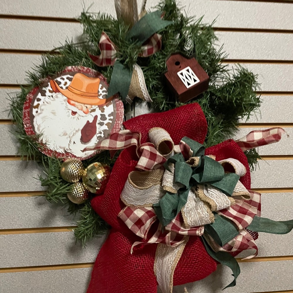 Cowboy Santa Christmas Wreath,‎ Farmhouse Rustic Holiday Pine Wreath, Decor 14"